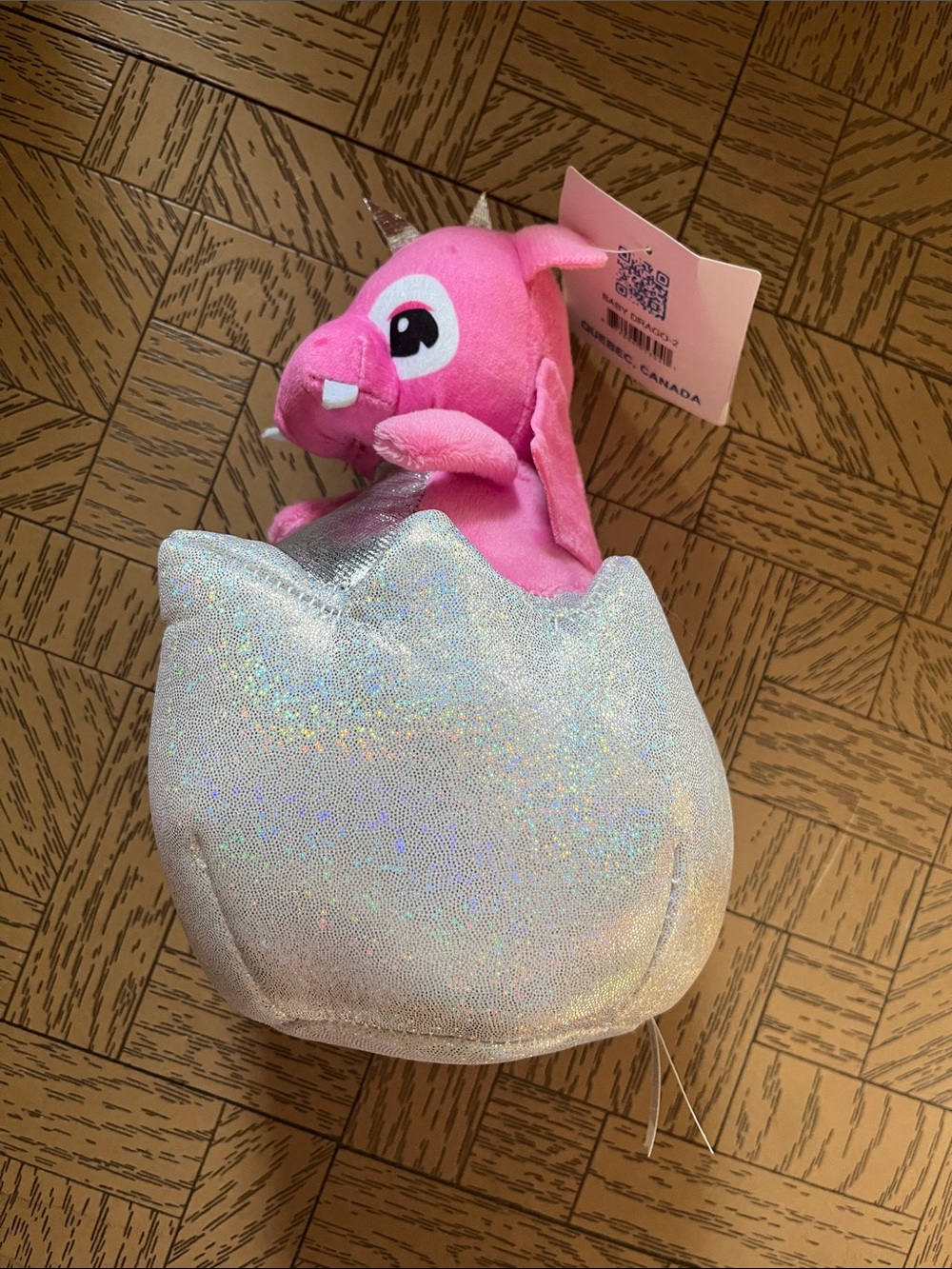 Pink Dragon Plush in Shimmering Silver Egg — Cute Hatchling Toy